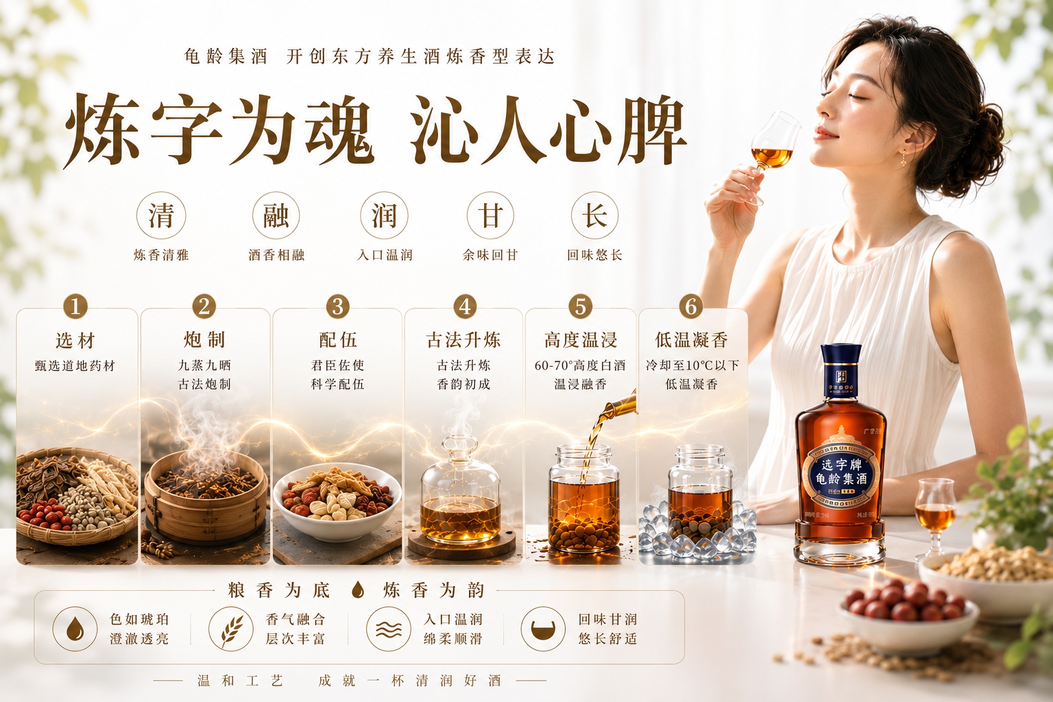 远字牌龟龄集酒炼香型表达与工艺示意图